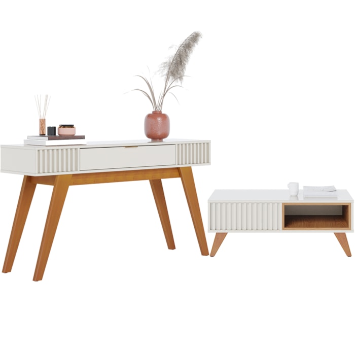 Mesa De Centro Jeri E Aparador Riveira Para Sala Off White Freijo CLB