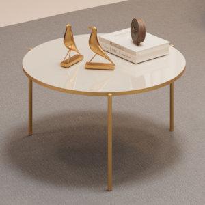 Mesa De Centro Redonda 69 cm Cleia Off White Dourado  DJ MOVEIS