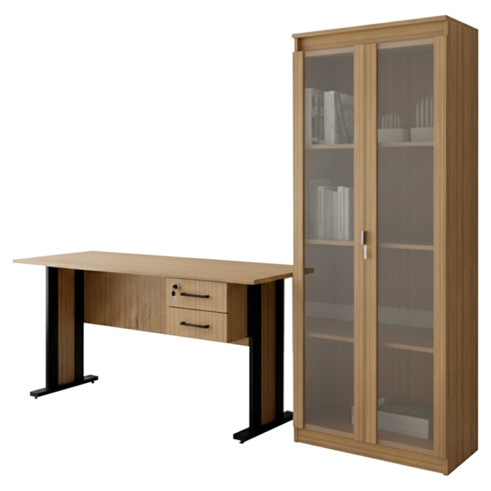 Mesa de Escritorio 2 Gavetas Armario Multiuso 2 Portas Amendoa Preto Tecno Mobili