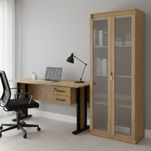 Mesa de Escritorio 2 Gavetas Armario Multiuso 2 Portas Amendoa Preto Tecno Mobili