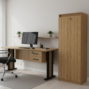 Mesa de Escritorio 2 Gavetas Armario Multiuso 2 Portas Com Chave Amendoa Preto Tecno Mobili