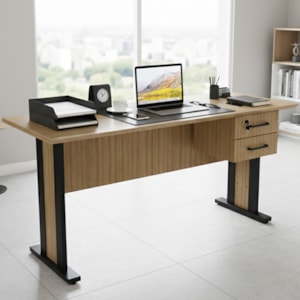 Mesa de Escritorio 2 Gavetas e Chave 160 cm ME4193 Amendoa Preto Tecno Mobili
