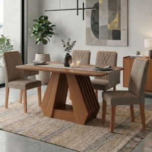 Mesa de Jantar Agata MDF Com 4 Cadeiras Estofadas Linho Bege MOLCI