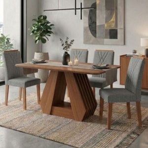 Mesa de Jantar Agata MDF Com 4 Cadeiras Estofadas Linho Grafite MOLCI