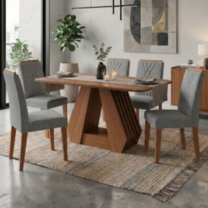 Mesa de Jantar Agata MDF Com 4 Cadeiras Estofadas Linho Grafite MOLCI