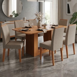 Mesa de Jantar Ariela MDF Com 6 Cadeiras Estofadas Linho Bege MOLCI