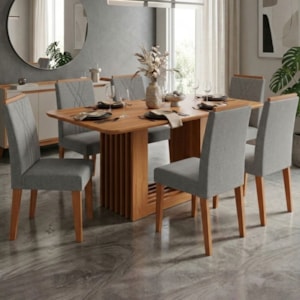 Mesa de Jantar Ariela MDF Com 6 Cadeiras Estofadas Linho Grafite MOLCI