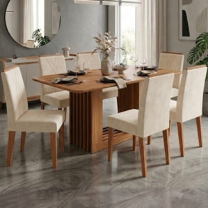 Mesa de Jantar Ariela MDF Com 6 Cadeiras Estofadas Suede Nude MOLCI