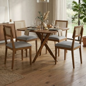 Mesa de Jantar Cacau Com 4 Cadeiras Estofadas Encanto Linho Cinza ORNAR