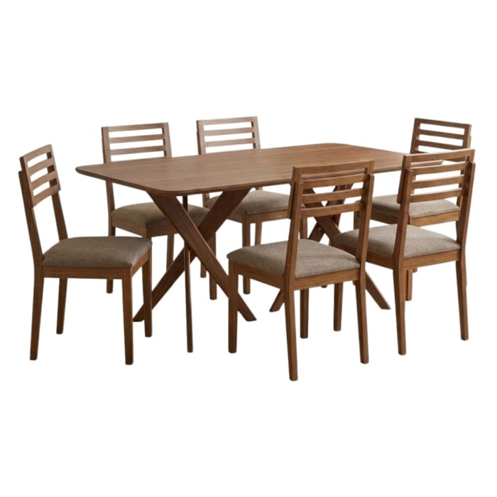 Mesa de Jantar Cacau Com 6 Cadeiras Estofadas Japurana Linho Bege ORNAR