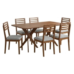 Mesa de Jantar Cacau Com 6 Cadeiras Estofadas Japurana Linho Cinza ORNAR