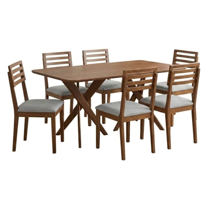 Mesa de Jantar Cacau Com 6 Cadeiras Estofadas Japurana Linho Cinza ORNAR