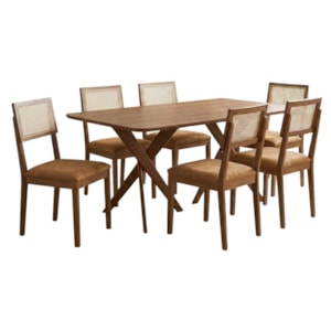 Mesa de Jantar Cacau Com 6 Cadeiras Estofadas Palmas Corino Kaki ORNAR
