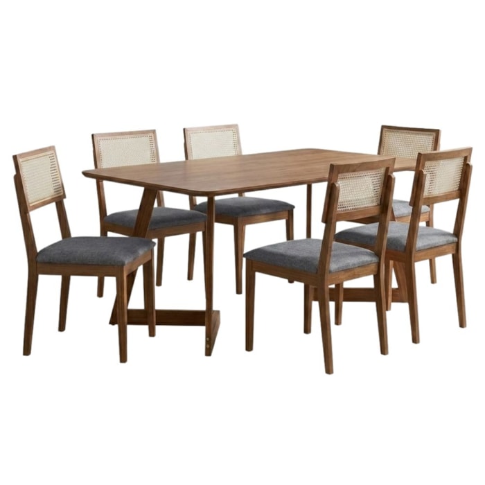 Mesa de Jantar Caju Com 6 Cadeiras Estofadas Palmas Linho Grafite ORNAR