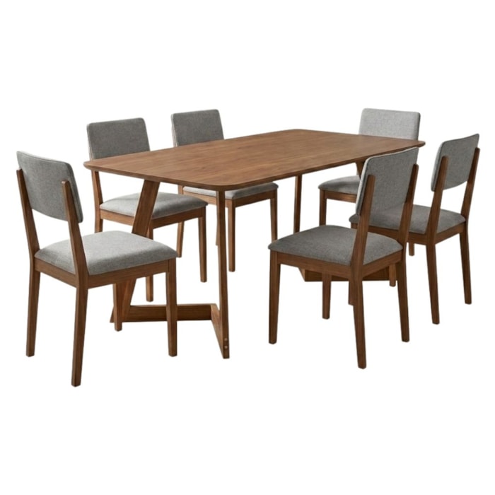 Mesa de Jantar Caju Com 6 Cadeiras Estofadas Sabia Linho Cinza ORNAR