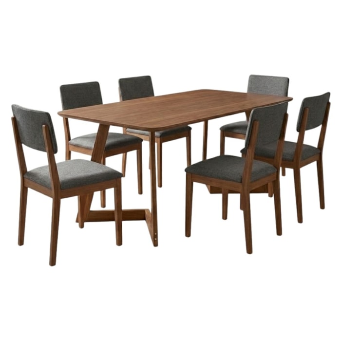 Mesa de Jantar Caju Com 6 Cadeiras Estofadas Sabia Linho Grafite ORNAR