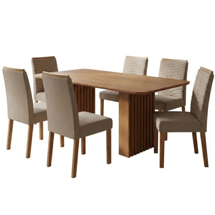 Mesa de Jantar Ester MDF Com 6 Cadeiras Estofadas Linho Bege MOLCI