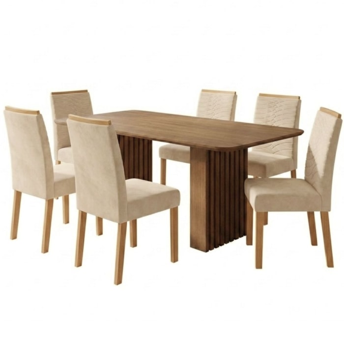 Mesa de Jantar Ester MDF Com 6 Cadeiras Estofadas Suede Nude MOLCI
