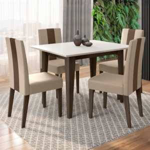 Mesa De Jantar Kate Com 6 Cadeiras Estofadas Linea Suede Amendoa Off White POLIMAN