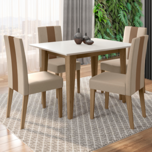 Mesa De Jantar Kate Com 6 Cadeiras Estofadas Linea Suede Carvalho Off White POLIMAN