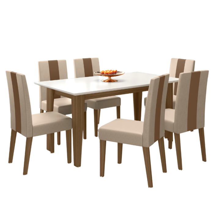 Mesa De Jantar Liz Com 6 Cadeiras Estofadas Linea Suede Carvalho Off White POLIMAN