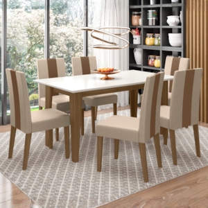 Mesa De Jantar Liz Com 6 Cadeiras Estofadas Linea Suede Carvalho Off White POLIMAN