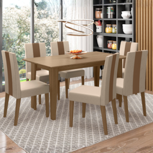 Mesa De Jantar Liz Com 6 Cadeiras Estofadas Linea Suede Carvalho POLIMAN