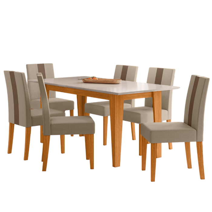 Mesa De Jantar Liz Com 6 Cadeiras Estofadas Linea Suede Freijo Off White POLIMAN