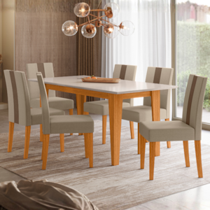 Mesa De Jantar Liz Com 6 Cadeiras Estofadas Linea Suede Freijo Off White POLIMAN