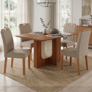 Mesa de Jantar Louise MDF Com 4 Cadeiras Estofadas Linho Bege MOLCI