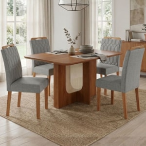 Mesa de Jantar Louise MDF Com 4 Cadeiras Estofadas Linho Grafite MOLCI