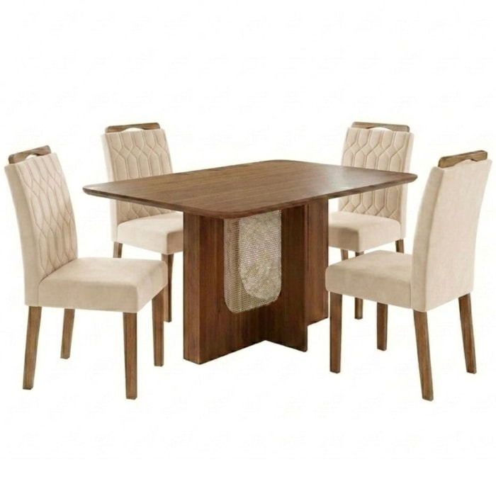 Mesa de Jantar Louise MDF Com 4 Cadeiras Estofadas Suede Nude MOLCI