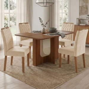 Mesa de Jantar Louise MDF Com 4 Cadeiras Estofadas Suede Nude MOLCI