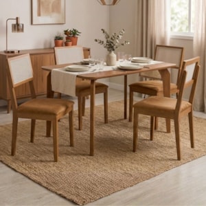 Mesa de Jantar Papaia Com 4 Cadeiras Estofadas Encanto Corino Kaki ORNAR