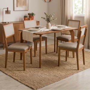 Mesa de Jantar Papaia Com 4 Cadeiras Estofadas Encanto Linho Bege ORNAR