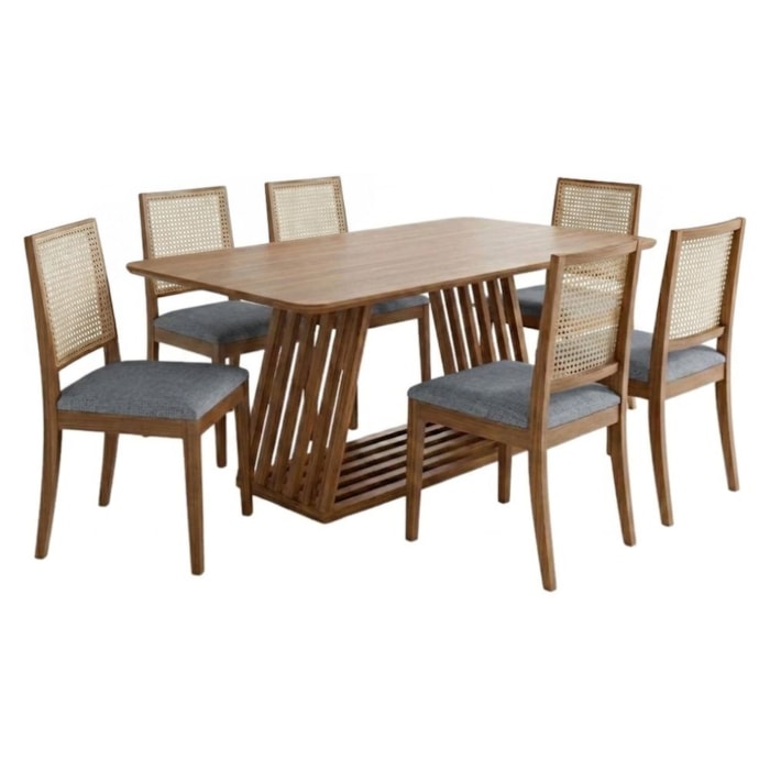 Mesa de Jantar Pitaia Com 6 Cadeiras Estofadas Carambola Linho Grafite NATUEM