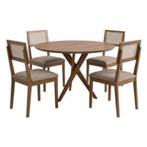 Mesa de Jantar Redonda Cacau Com 4 Cadeiras Estofadas Encanto Linho Bege ORNAR