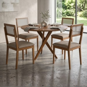 Mesa de Jantar Redonda Cacau Com 4 Cadeiras Estofadas Encanto Linho Bege ORNAR