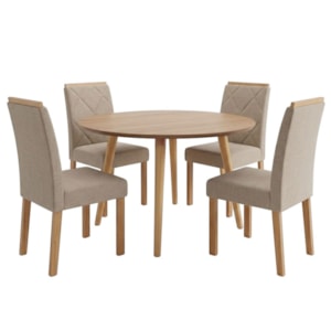 Mesa de Jantar Redonda Dani MDF Com 4 Cadeiras Estofadas Linho Cinamomo Bege MOLCI