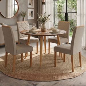 Mesa de Jantar Redonda Dani MDF Com 4 Cadeiras Estofadas Linho Cinamomo Bege MOLCI