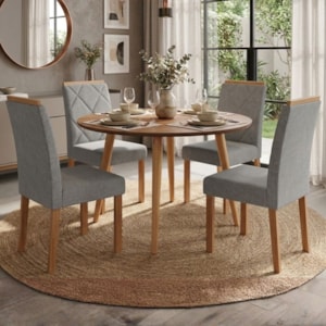 Mesa de Jantar Redonda Dani MDF Com 4 Cadeiras Estofadas Linho Cinamomo Grafite MOLCI