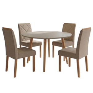 Mesa de Jantar Redonda Dani MDF Com 4 Cadeiras Estofadas Linho Off White Bege MOLCI