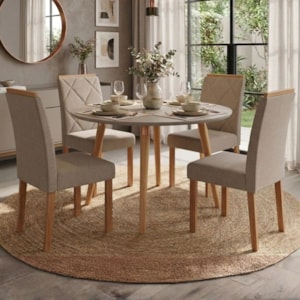 Mesa de Jantar Redonda Dani MDF Com 4 Cadeiras Estofadas Linho Off White Bege MOLCI