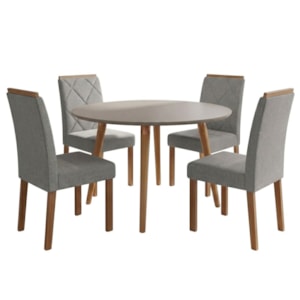 Mesa de Jantar Redonda Dani MDF Com 4 Cadeiras Estofadas Linho Off White Grafite MOLCI
