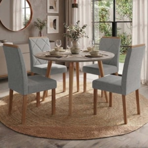 Mesa de Jantar Redonda Dani MDF Com 4 Cadeiras Estofadas Linho Off White Grafite MOLCI