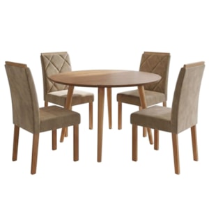 Mesa de Jantar Redonda Dani MDF Com 4 Cadeiras Estofadas Suede Cinamomo Joli MOLCI