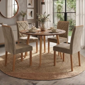Mesa de Jantar Redonda Dani MDF Com 4 Cadeiras Estofadas Suede Cinamomo Joli MOLCI