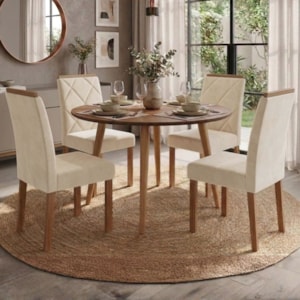 Mesa de Jantar Redonda Dani MDF Com 4 Cadeiras Estofadas Suede Cinamomo Nude MOLCI