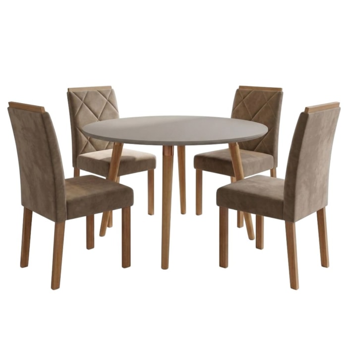 Mesa de Jantar Redonda Dani MDF Com 4 Cadeiras Estofadas Suede Off White Joli MOLCI