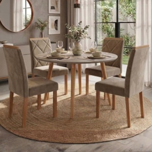 Mesa de Jantar Redonda Dani MDF Com 4 Cadeiras Estofadas Suede Off White Joli MOLCI